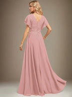 A Line V Neck Floor Length Lace Chiffon Evening Dress With Pleated Sequins