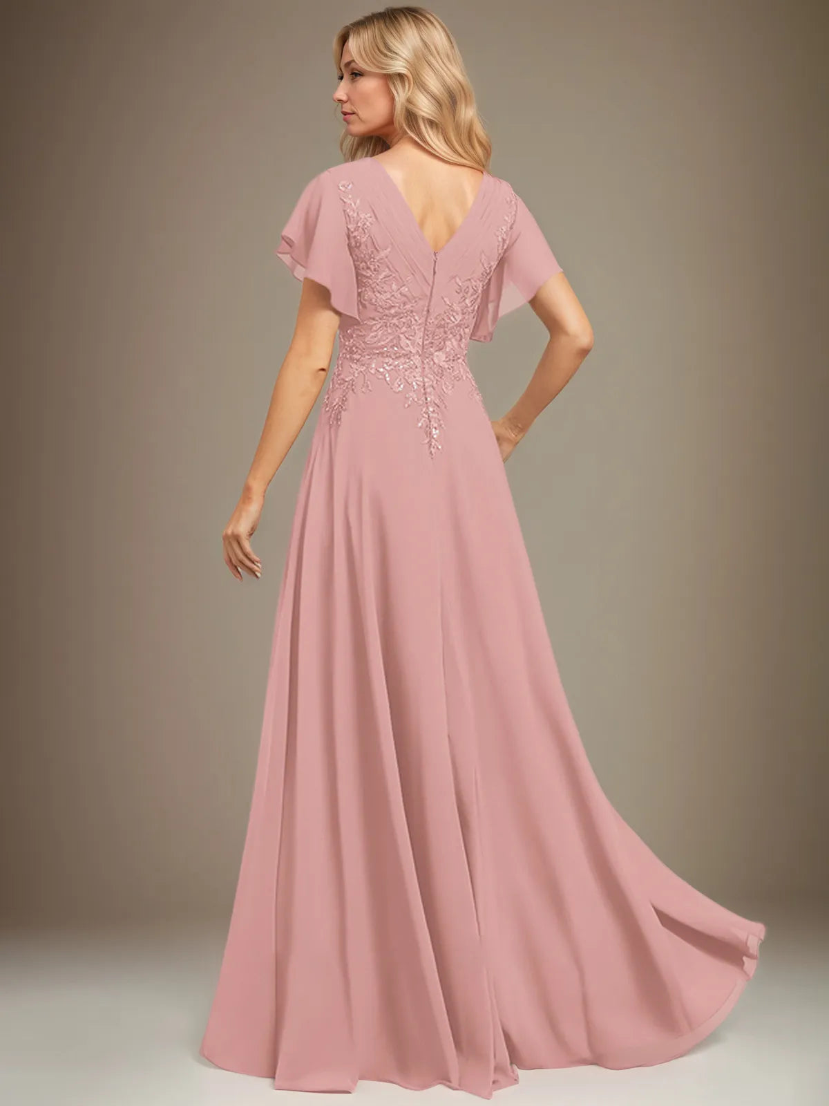 A Line V Neck Floor Length Lace Chiffon Evening Dress With Pleated Sequins