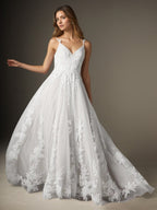 Robe de mariée blanche en ligne A à col en V en tulle à sequins