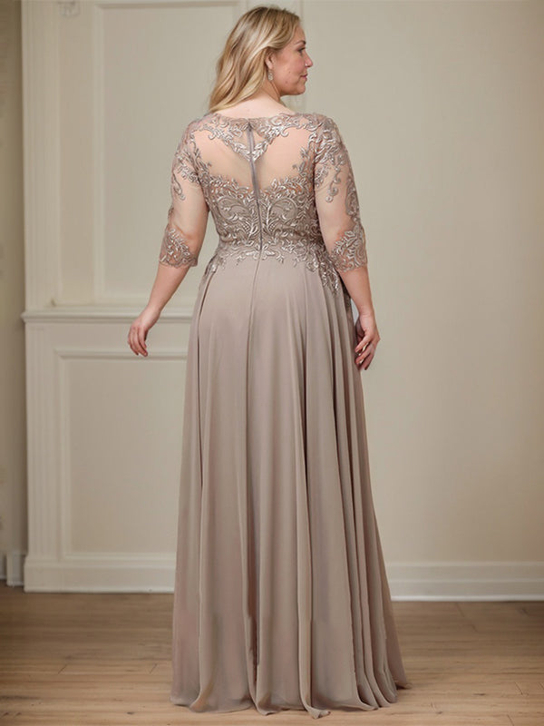A-line Scoop Illusion Floor-Length Lace Chiffon Mother of the Bride Dress With Sequins