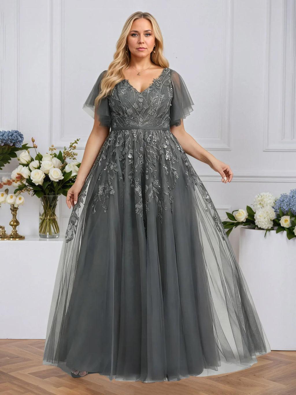 A-line V-Neck Floor-Length Tulle Lace Evening Dress With Sequins