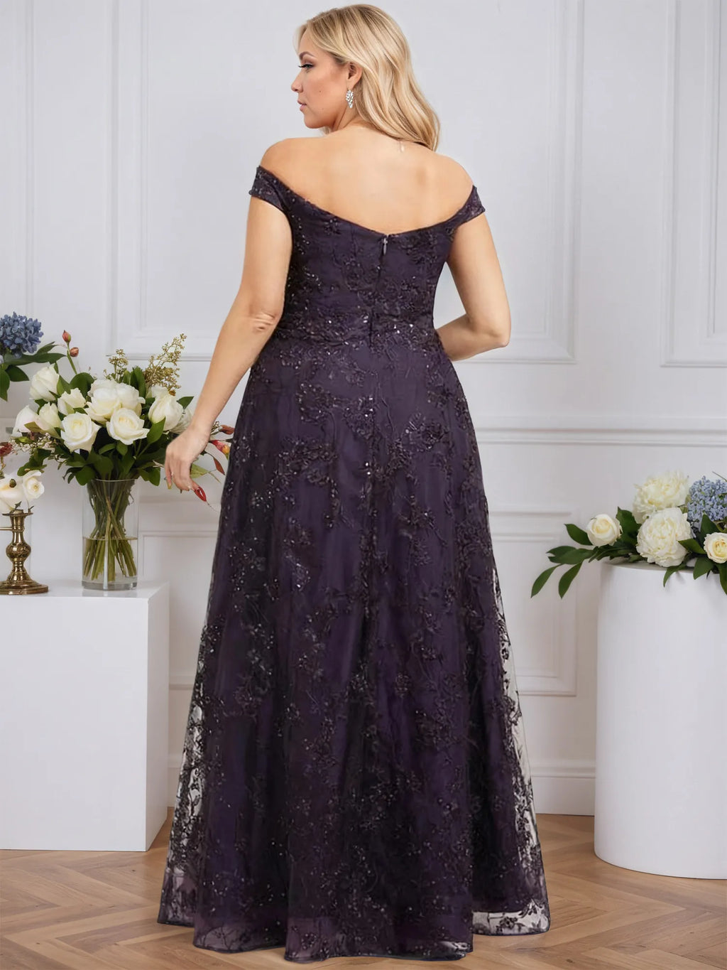 A-line Off the Shoulder Floor-Length Sequin Lace Evening Dress