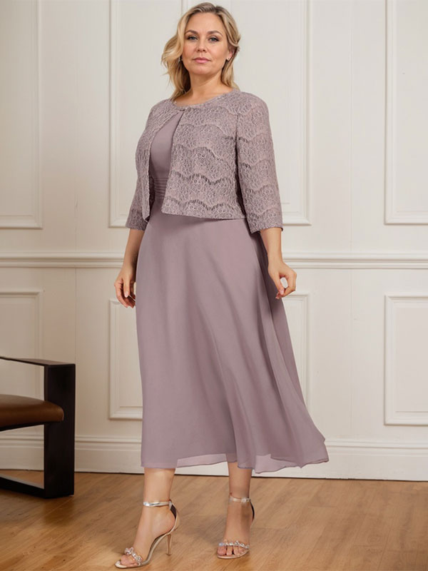 Robe de mère de la mariée en mousseline longueur thé ligne A à encolure dégagée avec plis