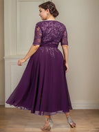 A-Linien V-Ausschnitt Tea-Length Spitzen-Chiffon Kleid für die Mutter der Braut mit Pailletten