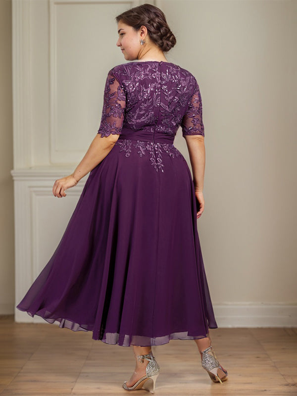 A-Linien V-Ausschnitt Tea-Length Spitzen-Chiffon Kleid für die Mutter der Braut mit Pailletten