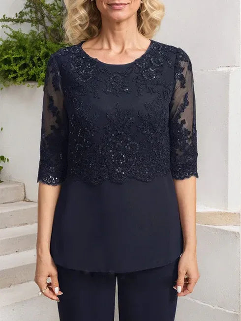 Conjunto de mono/pantalón con escote redondo, largo hasta el suelo, de gasa y encaje para madre de la novia con lentejuelas