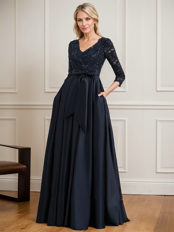 Vestido de madre de la novia línea A, escote en V, largo hasta el suelo, satén con encaje y lazo de lentejuelas