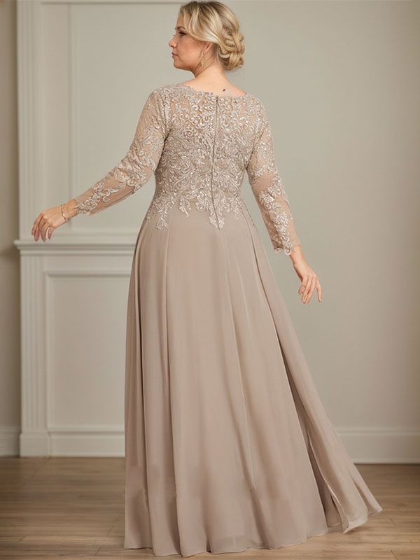 Vestido para madre de la novia línea A con escote en V, largo hasta el suelo, de encaje y gasa con lentejuelas