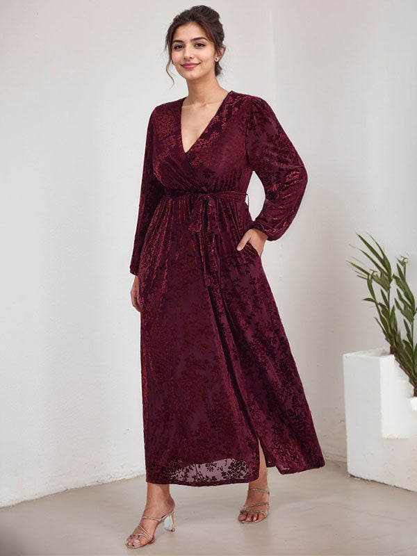 A-Linien V-Ausschnitt langärmliges Samt Tee-Länge Kleid für die Brautmutter mit Schlitz