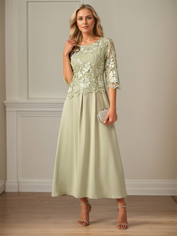 Robe mère de la mariée maxi en dentelle froncée ligne A col rond à volants