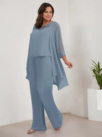 Chiffon Kleid mit Rundhalsausschnitt und langen Ärmeln, Mutter-der-Braut Hosenanzug mit Jacke