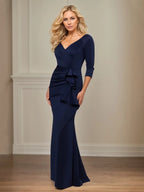 Trumpet/Mermaid V Neck 3/4 Sleeve Floor Length Stretch Crepe Mother of the Bride Dress With Ruffles