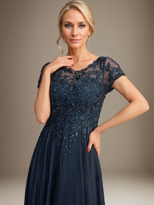 Robe de mère de la mariée en chiffon à coupe évasée, encolure arrondie, longueur au sol, avec appliques et sequins