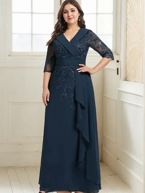 Robe de mère de la mariée en dentelle et chiffon, coupe A, col V avec col, longueur au sol, sequins et volants en cascade
