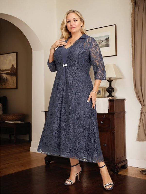 Abito da madre della sposa in chiffon a linea A, scollo a V, lunghezza tea