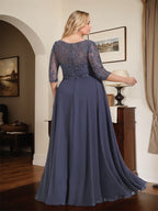 A-Linien Ausschnitt Illusions-Bodenlanges Chiffon-Spitzenkleid für die Mutter der Braut mit plissierten Pailletten