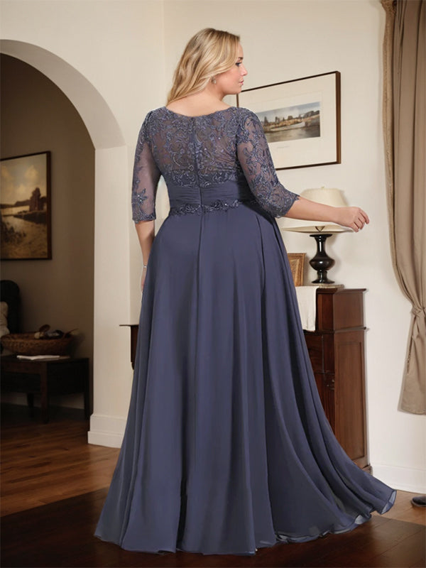 A-Linien Ausschnitt Illusions-Bodenlanges Chiffon-Spitzenkleid für die Mutter der Braut mit plissierten Pailletten