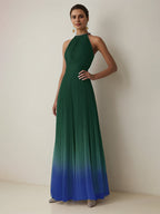 Evening Halter Dress Green-Blue Ombre Pleated Chiffon Floor-Length  Dress