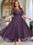 A-Linien Scoop-Ausschnitt Illusion asymmetrisches Chiffon-Spitzen-Mutter-der-Braut-Kleid mit Pailletten