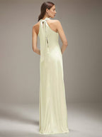 Elfenbeinfarbenes Satin Halterneck ärmelloses bodenlanges Kleid