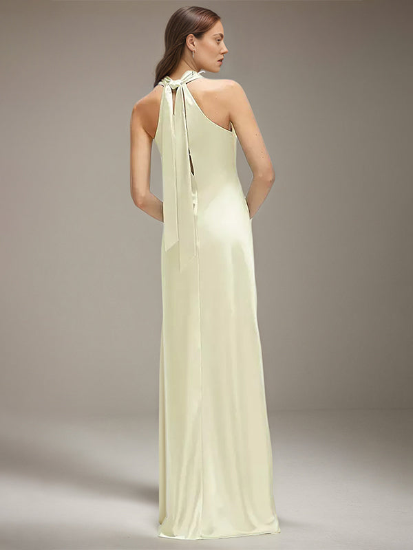 Elfenbeinfarbenes Satin Halterneck ärmelloses bodenlanges Kleid