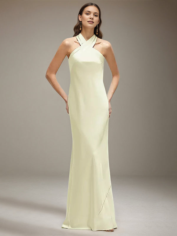 Elfenbeinfarbenes Satin Halterneck ärmelloses bodenlanges Kleid