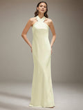 Elfenbeinfarbenes Satin Halterneck ärmelloses bodenlanges Kleid