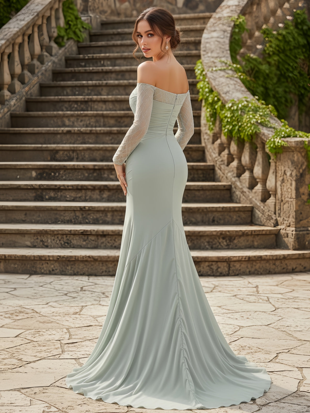 Off-the-Shoulder Beaded Sheer Sleeve Draped Mermaid Gown High Slit