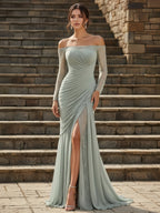 Off-the-Shoulder Beaded Sheer Sleeve Draped Mermaid Gown High Slit