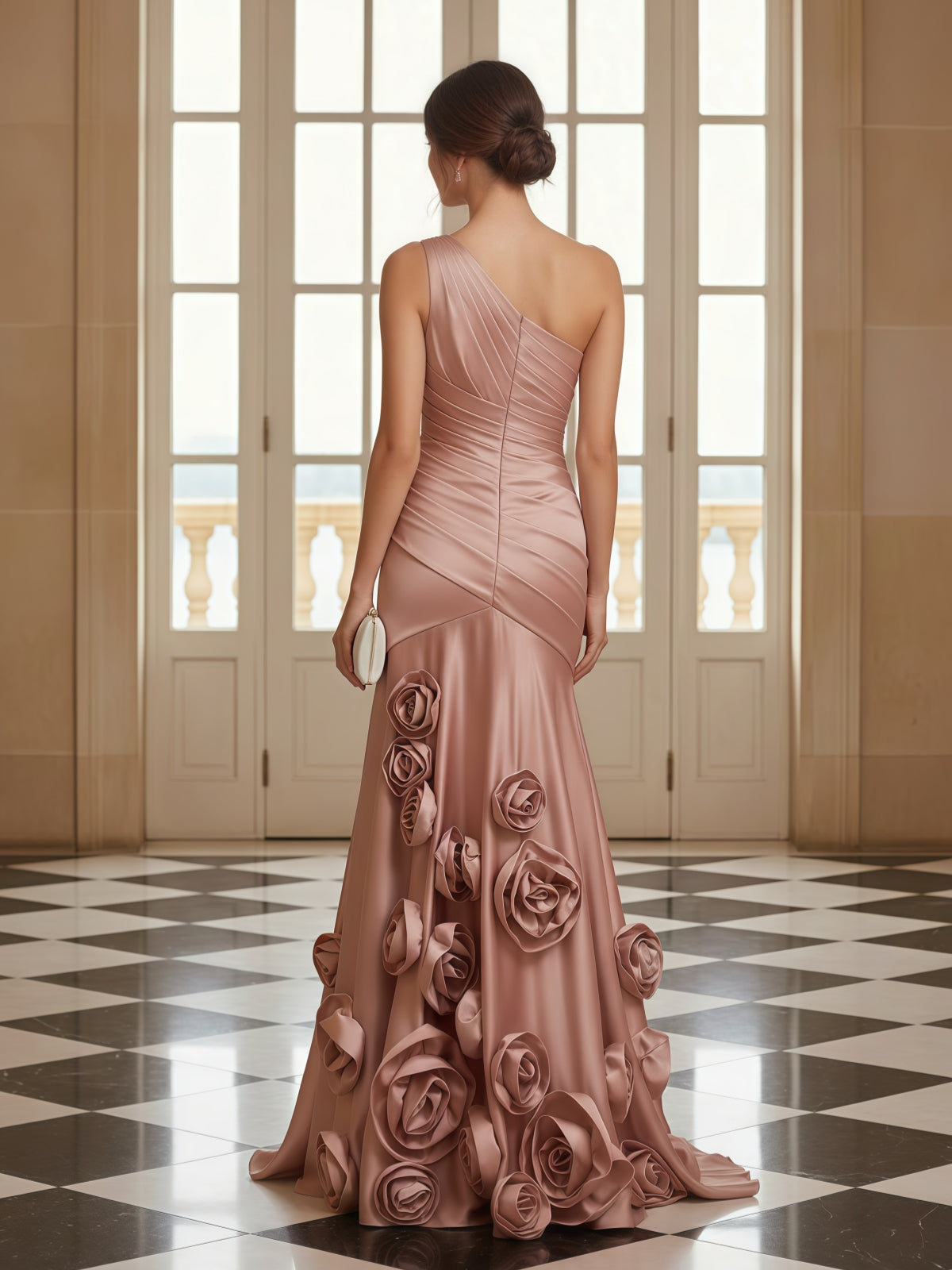 One-Shoulder Ruched Satin Mermaid Gown with 3D Rosette Applique