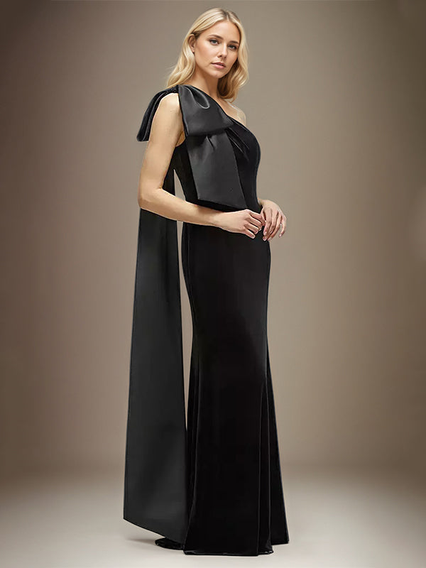 Stretch-Crêpe Etuikleid/Säule Ein-Schulter ärmelloses bodenlanges Kleid mit Schleife