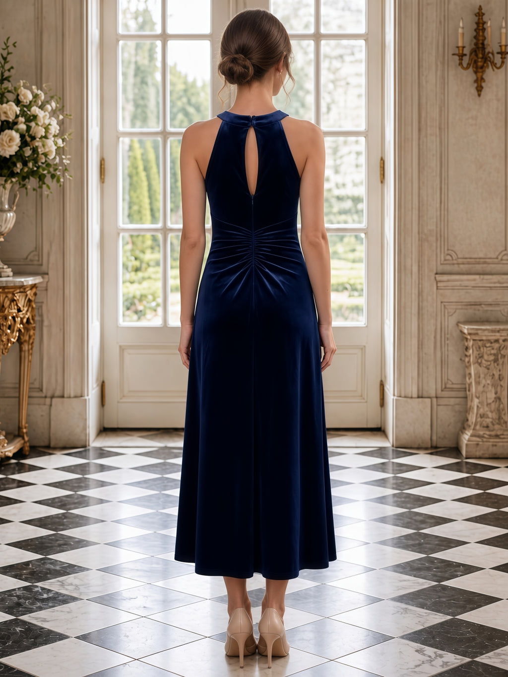 Navy Blue Halter Neck Velvet A-Line Evening Dress with Flowing Skirt