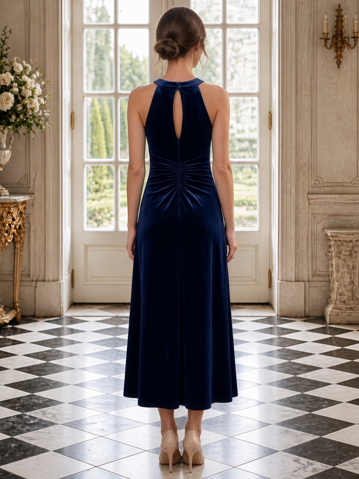 Navy Blue Halter Neck Velvet A-Line Evening Dress with Flowing Skirt