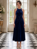 Navy Blue Halter Neck Velvet A-Line Evening Dress with Flowing Skirt