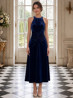 Navy Blue Halter Neck Velvet A-Line Evening Dress with Flowing Skirt