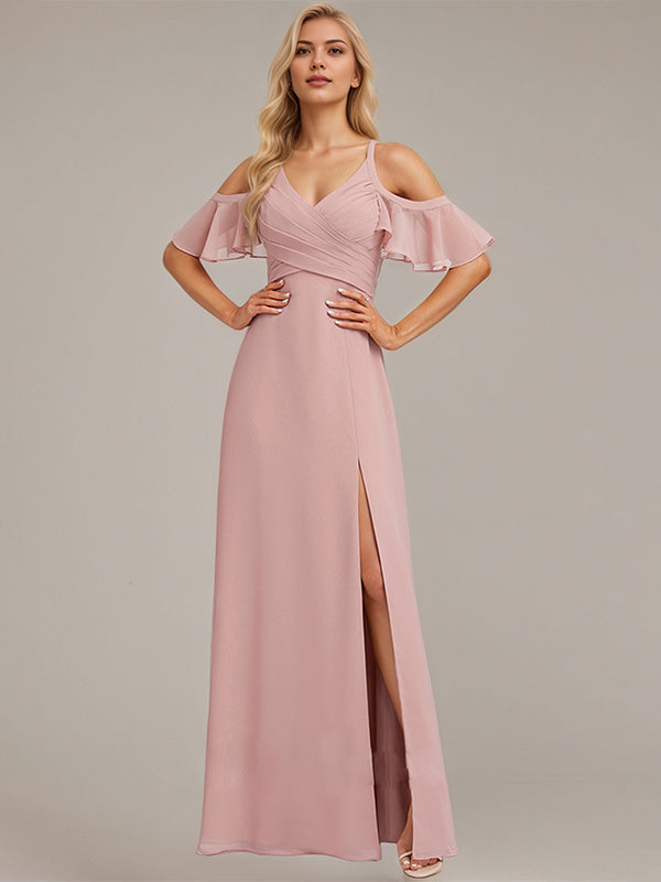 Robe de demoiselle d'honneur en mousseline longueur sol, ligne A, épaules dénudées, volants, rose poussiéreux