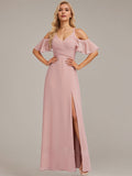 Robe de demoiselle d'honneur en mousseline longueur sol, ligne A, épaules dénudées, volants, rose poussiéreux