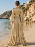 Plunging V-Neck Metallic Plisse Gown with Bell Sleeves