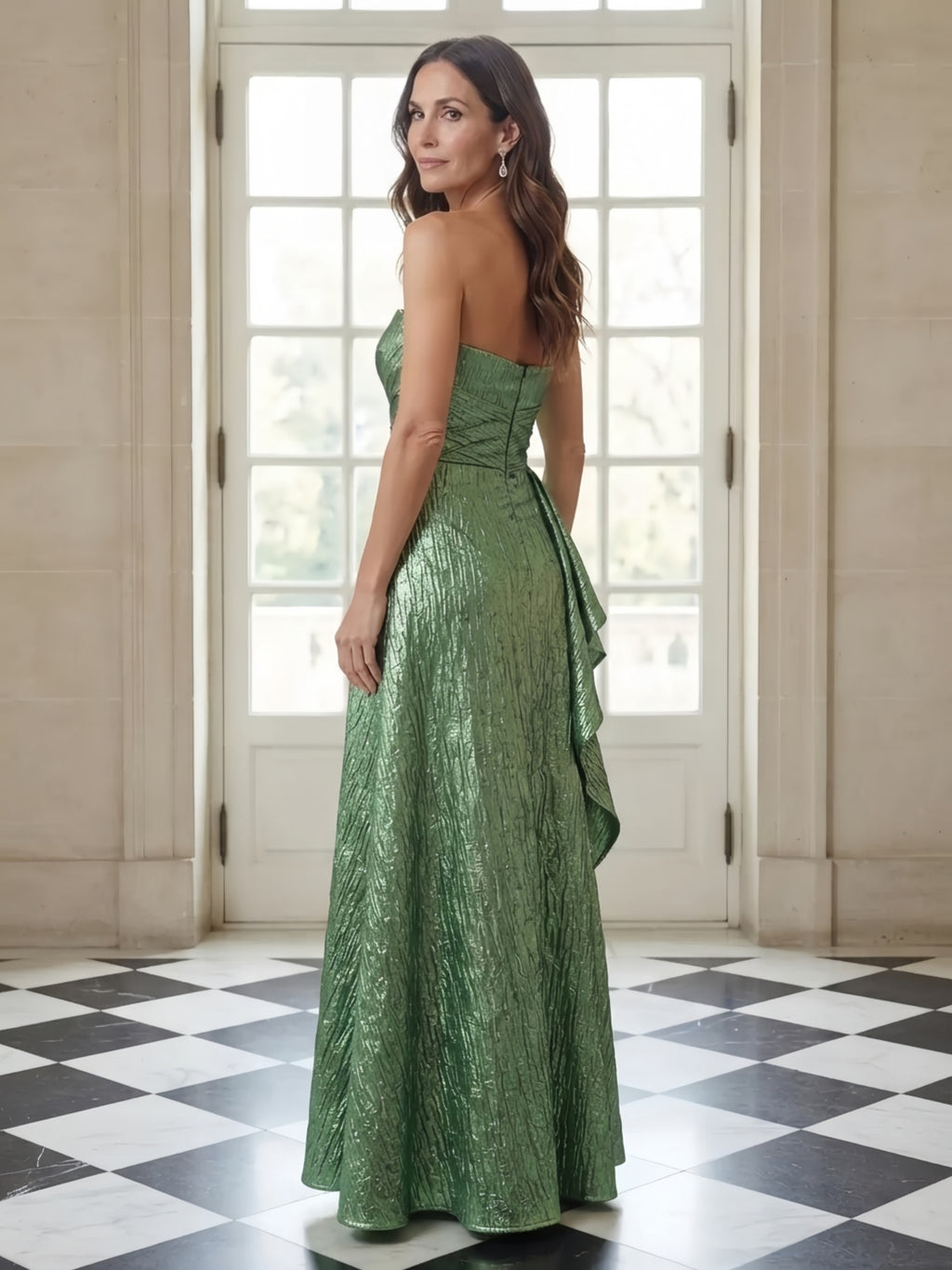 Green Strapless Sweetheart Metallic Ruffled Evening Dress
