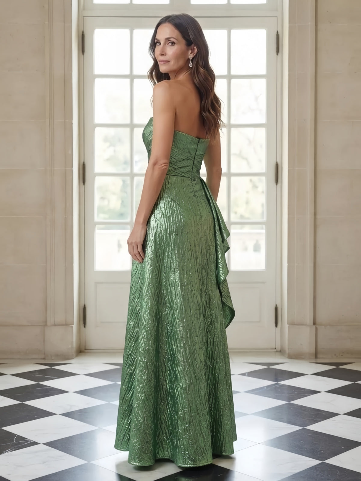 Green Strapless Sweetheart Metallic Ruffled Evening Dress