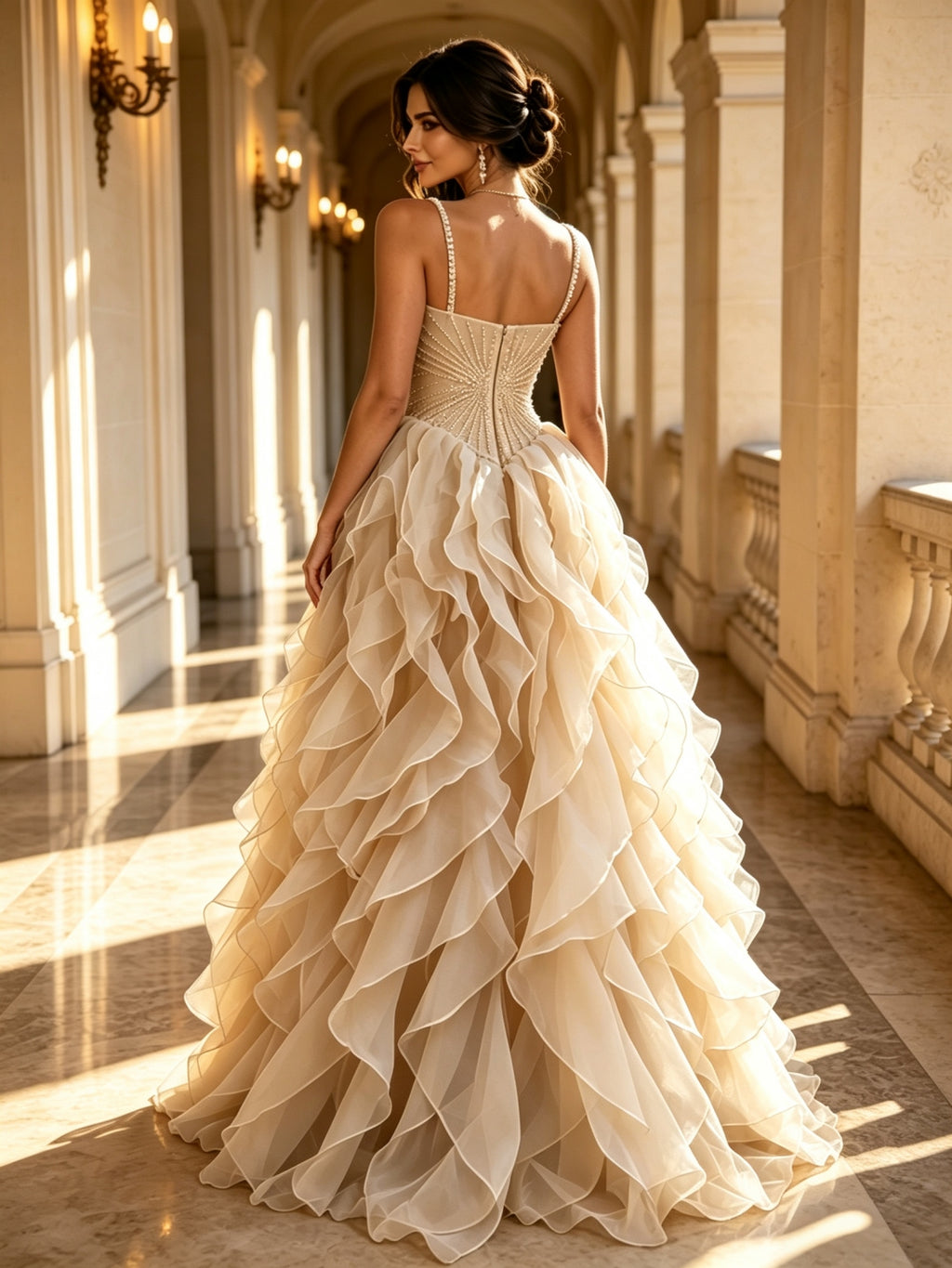 Spaghetti Strap Beaded Bodice Ruffled Organza Ball Gown Prom Dress