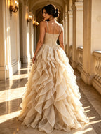 Spaghetti Strap Beaded Bodice Ruffled Organza Ball Gown Prom Dress