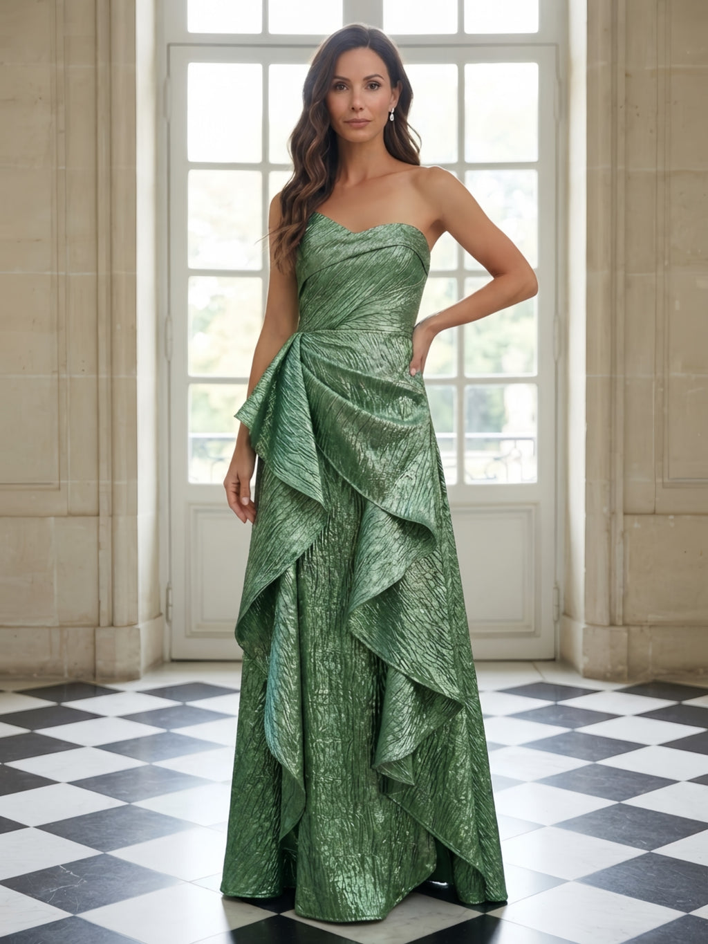 Green Strapless Sweetheart Metallic Ruffled Evening Dress