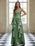Green Strapless Sweetheart Metallic Ruffled Evening Dress