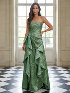 Green Strapless Sweetheart Metallic Ruffled Evening Dress