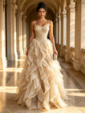 Spaghetti Strap Beaded Bodice Ruffled Organza Ball Gown Prom Dress