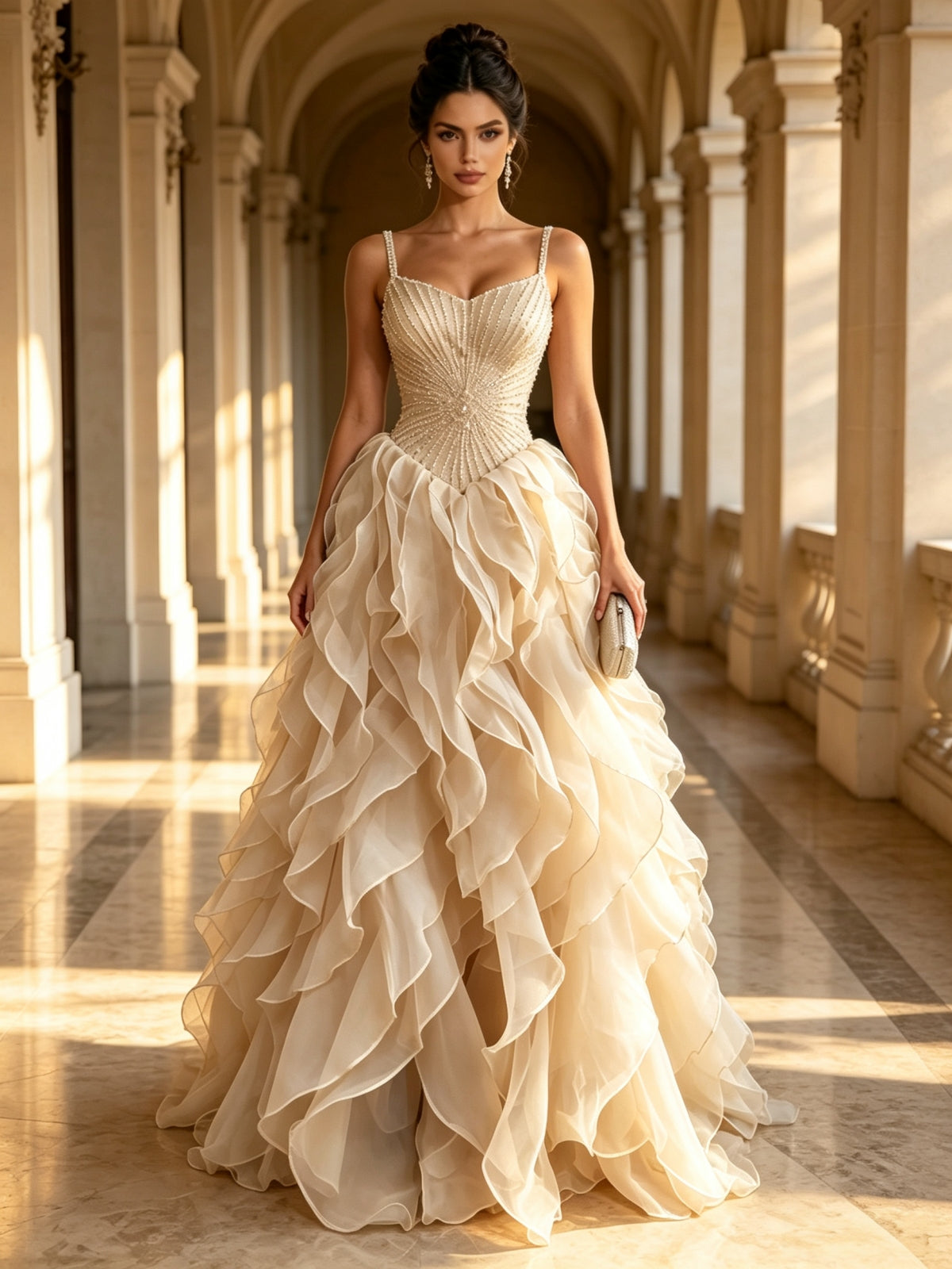 Spaghetti Strap Beaded Bodice Ruffled Organza Ball Gown Prom Dress