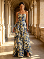 Strapless Floral Metallic Brocade Sleeveless Evening Dress with Ruffle