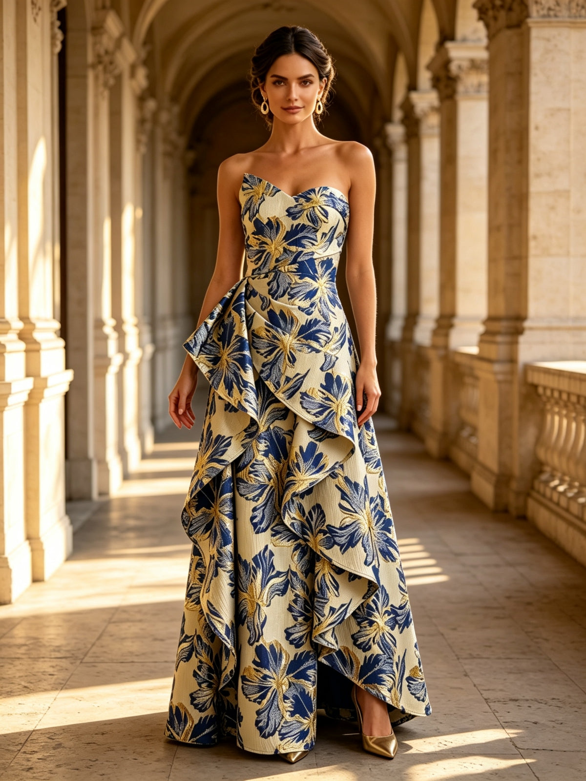 Strapless Floral Metallic Brocade Sleeveless Evening Dress with Ruffle