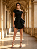 Black One-Shoulder Draped Sleeveless Mini Cocktail Dress